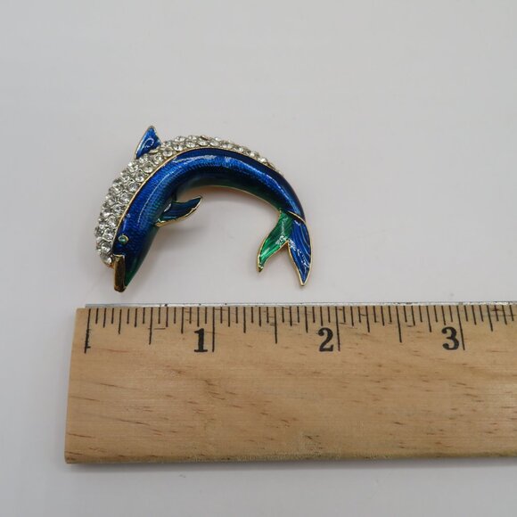 Vintage Dolphin Porpoise Rhinestone Accent Blue Green Enamel Brooch - Picture 6 of 6